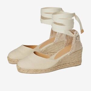 Castaner Carina Canvas Espadrille Wedge Sandals in Cream with Ankle Tie